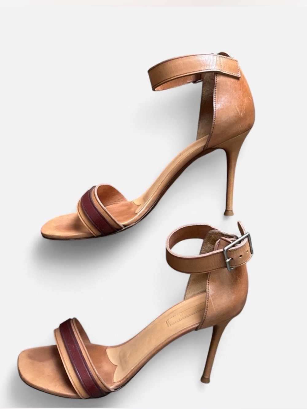 Celine Tan Ankle-Strap High Heel Sandals with Burgundy Accent